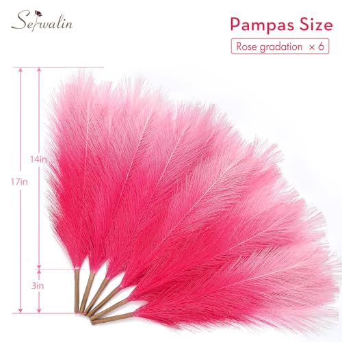 Image of Serwalin Gradient Hot Pink Pampas Grass Decor, 17.7 Inch 6pcs Faux Pampas Grass, Artificial Pampas Grass for Wedding Table Centerpieces Decoration