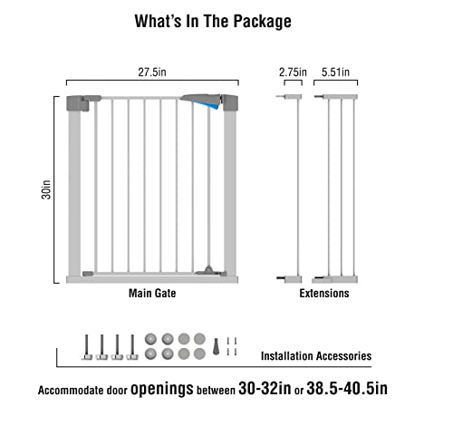 Walk Thru Baby Gate,Auto-Close Safety Pet Gate Metal Expandable Dog Gate With Pressure Mount For Stairs,Doorways,Banister (30-40.5 Inch With 2.75” & 5.51" Extension, White) #TOP4