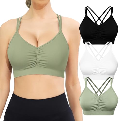 Image of VEQKING Ruched Sports Bras for Women Large Bust, Seamless Yoga Bra, 3 Pack | Removable Padded, Strappy Criss Cross Back, Medium Support for Yoga, Pilates & Gym, Full Coverage, No Bounce, No Spillage