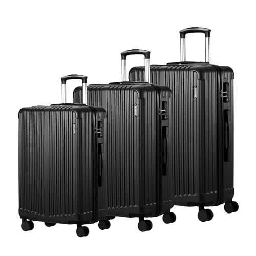MAZAM 3PCS Suitcase Luggage W/ 3 Handles(Top Retractable/Top/Side), Spinner Wheels, Travel Luggage Hardshell W/Lightweight t-sa Lock, Double-Head Zipper, 20/24/28 Inch, Stripe, Black