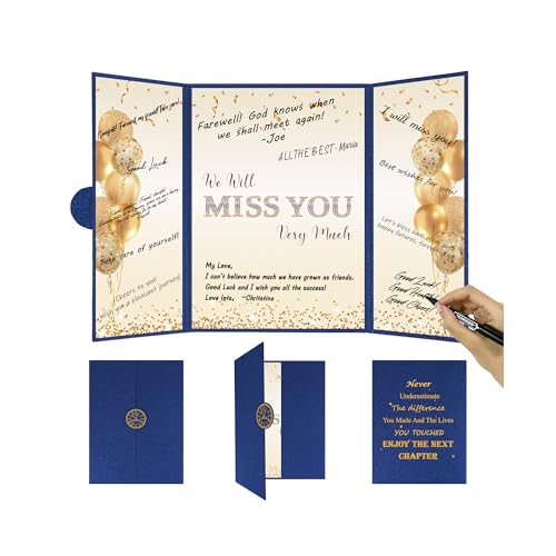 Image of DARUNAXY Blue Gold Farewell Party Decorations, We Will Miss You Very Much Alternative Signature Guest Book for Men Women Going Away Gifts Signing Card Board for Retirement Graduation Party Supplies
