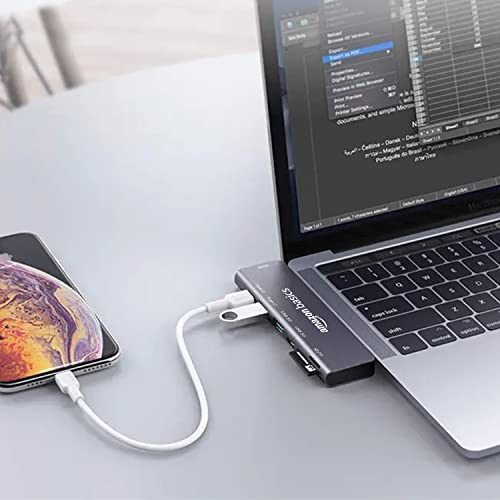 Image of amazon basics 7-in-2 USB-C Hub Adapter with Thunderbolt 3 USB-C Port (100W Power Delivery), 4K HDMI Port, USB-C and USB A 3.0 Data Ports, SD and microSD Card Reader for MacBook (Grey)