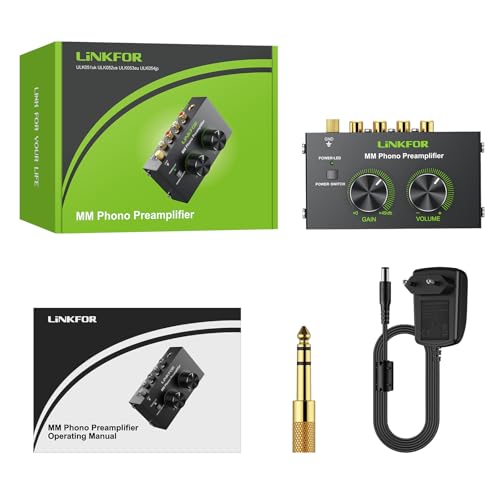 LiNKFOR Phono-Vorverstärker Phonograph-Vorverstärker Ultra-Kompakter Vorverstärker mit Netzschalter Lautstärkeregler Cinch Eingang/Ausgang 1/4’’ TRS-Ausgang DC 12V für Plattenspieler mit MM-Abtast