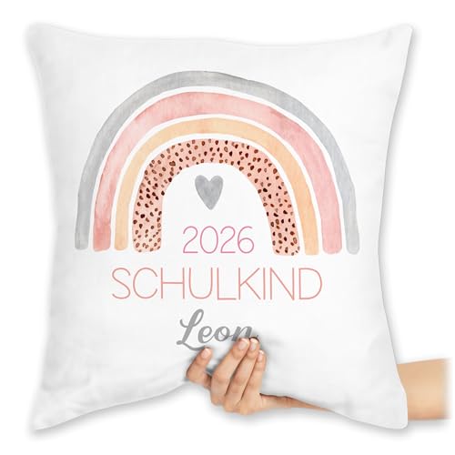Kissen 40x40 Zierkissen - Einschulung - Schulkind 2026 mit Name und Regenbogen | Schulkind Geschenk Schulafang - 40 x 40 cm - Weiß - Schulanfang 2025 schulanfänger 2024 1. Schultag schul Schule