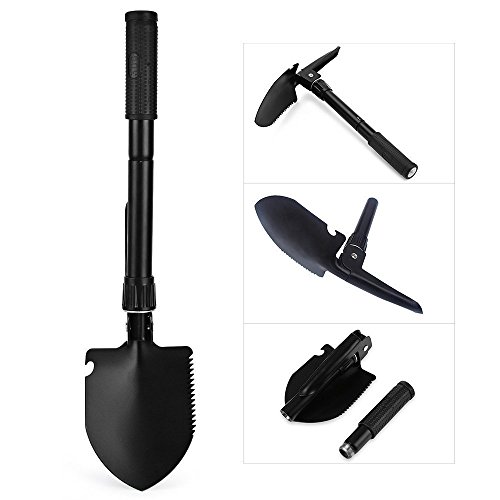 OUTLIFE Foldable Military Shovel - Mini Emergence Survival Compass Spade Entrenching Tool with Carrying Pouch for Camping, Hiking, Backpacking, Gardening with Rubber Handle
