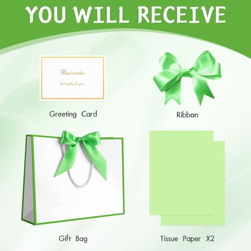 Image of JMANNI Gift Bags with Handles, 13 inch Medium Gift Bag for Presents, 1 Pcs Bags with 2 Tissue Paper and 1 Cards for Baby Shower Wedding Bridal Shower Mother's Day Birthday Party (White-Green