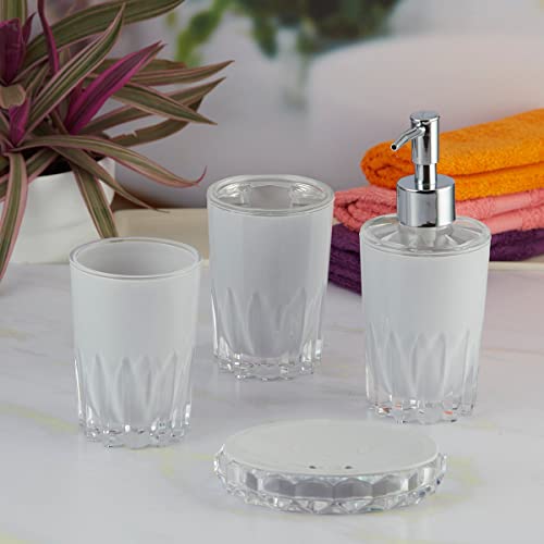 Image of Kookee Acrylic Bathroom Set - Stylish 4 Piece Bath Accessories Kit with Soap Dispenser, Toothbrush Holder, Tumbler & Soap Dish - Modern & Designer Decor for Home & Guest Bathrooms (8339)