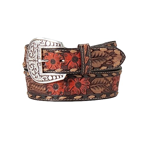 ARIAT Women's Floral-Design Leather Belt with Antique Silver Buckle