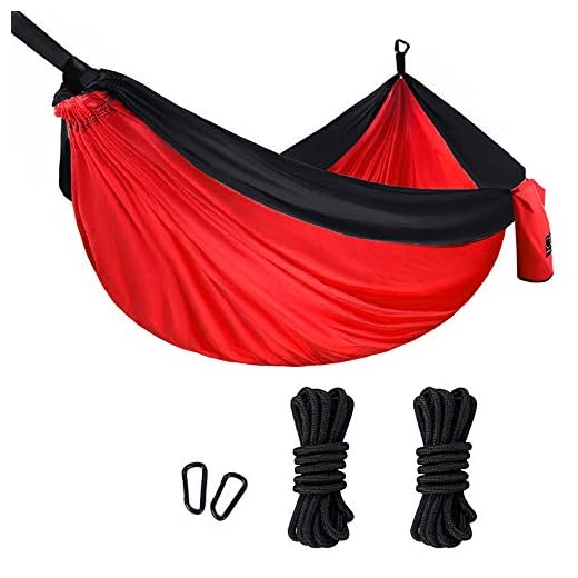 Gold Armour Camping Hammock, Double & Single Parachute Hammock with Ropes, USA Brand Lightweight Portable Mens Womens Kids, Camping Accessories Gear (Red and Black, 2 Person)