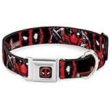 Marvel Comics Pet Collar, Dog Collar Metal Seatbelt Buckle, Deadpool Action Poses Splatter Logo Black Red White, 15 to 24 Inches 1.0 Inch Wide