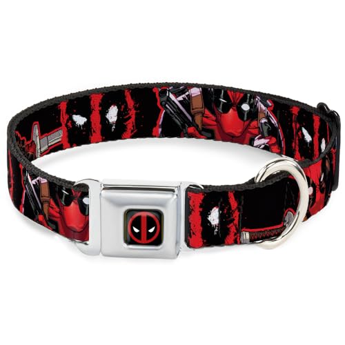 Marvel Comics Pet Collar, Dog Collar Metal Seatbelt Buckle, Deadpool Action Poses Splatter Logo Black Red White, 15 to 24 Inches 1.0 Inch Wide