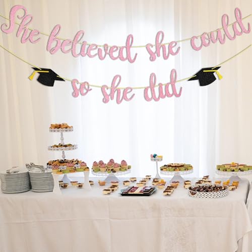 Image of JUESMOS She Believed She Could So She Did Banner Decorations for Graduation Party Women Girls Graduation Banners Pink Glitter Garland for Congratulation Grad Party Supplies School Home Car Decorations