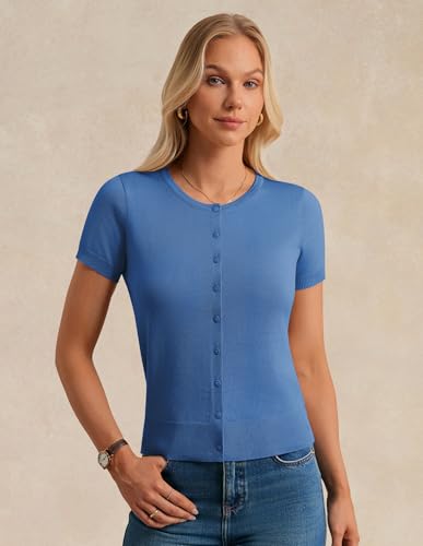 Image of GRACE KARIN Women Short Sleeve Cardigan, 2026 Summer Knitted Sweater Tops, Basic Crew Neck Crop Outfits