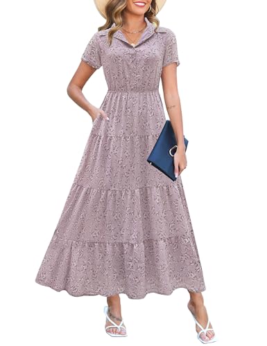 Image of Kranda Women 2026 Summer Collared V Neck Short Sleeve Button Down Chiffon Long Tiered Floral Maxi Dress with Pockets