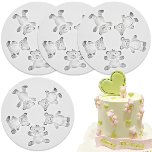 4 PCS Bear Silicone Fondant Molds Mini 3D Teddy Bear Candy Cake Chocolate Molds for Cake Decoration DIY Desserts Cupcake Fondant Clay Gum Paste