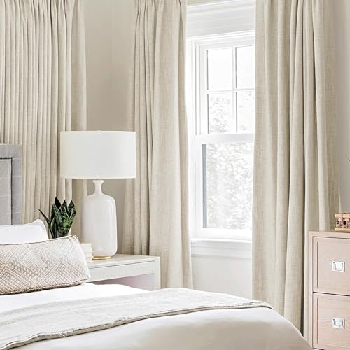 Image of MIULEE 100% Blackout Linen Textured Curtains for Bedroom Solid Thermal Insulated Light Ivory Grommet Room Darkening Curtains & Drapes Luxury Decor for Living Room 52 x 90 Inch (2 Panels)