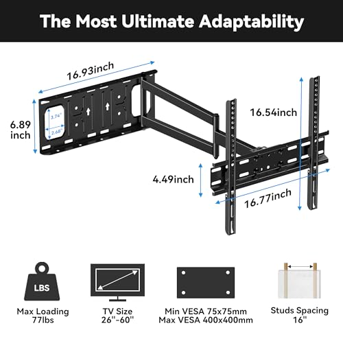 FORGING MOUNT Long Arm TV Wall Mount for Most 26-60 Inch Flat Curved TVs, 25.6 Inch Full Motion Extension Articulating Arms, Swivel, Tilt TV Bracket Corner Mount Fits Max VESA 400x400mm up to 77lbs by FORGING MOUNT - Used condition - Image 8
