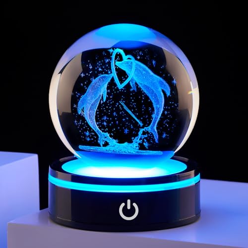 Ghtixsu 3D Laser Crystal Ball Dolphin Gifts for Women Men,Dolphin Decor Glass Figurines Statue Stuff for Room Decorations Birthday for Lovers Keepsake Paperweight