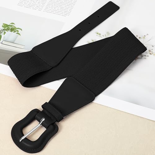 WHIPPY Women Wide Elastic Belt Ladies Stretch Dress Belt Vintage Waistband Thick Belt with Interlock Leather Buckle4