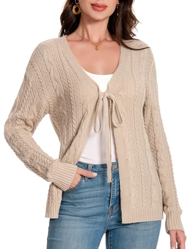 Women's Long Sleeve Cardigan Sweaters Tie Front Chunky Rib Knit