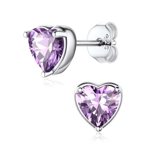 ChicSilver 925 Sterling Silver Earrings Sparkling Heart/Round/Princess Cut Birthstone Earrings for Women Birthday Jewelry with Gift Box B.June(Alexandrite)-Heart Cut