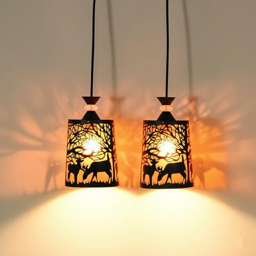 Image of Groeien Pack of 2 | Black Finish Metal Crystal Hanging Pendant Ceiling Lamp Fixture | Chandelier for Home, Indoor, Outdoor,Living Room, Bedroom(Bulb not Included) (DeerShade, 2)