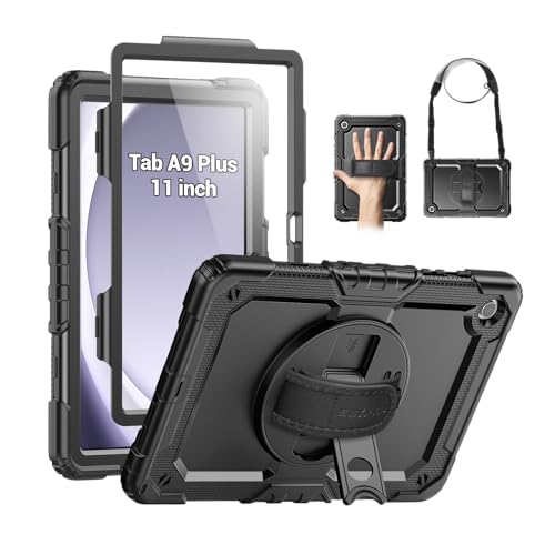 SEYMAC Case for Samsung Galaxy Tab A9+/ A9 Plus Case 11' 2023 (SM-X210/X216/X218), Heavy Duty Shockproof Protective Case with Screen Protector, Rotating Stand and Hand/Shoulder Strap, Black