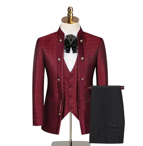 Herrenanzug Hochzeitsmode (Anzug, Weste, Hose) Mode: Dreiteiliges Hochzeitskleid mit hoher Dichte, Jacquard, Polyester, 3-teilige Kleidung,Rot,54