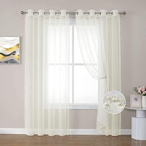 MISS SELECTEX Linen Look Pom Pom Sheer Curtains - Grommet Semi-Sheer Drapes Tasseled Voile Curtains for Bedroom and Living Room, Ivory, 52x95 inches Long, Set of 2 Panels Cover