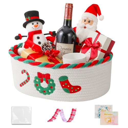 Image of Mothers Day Gifts Basket Empty for Mom Wife Women, Cotton Rope Gift Basket with 2 Greeting Cards | Ribbon | Cellophane, Storage Baskets With Concealed Handle For Baby Shower, Woven Storage Basket for Nursery Decorations, 14*10*5 inches