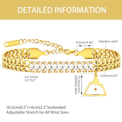 Image of Ladies Gold Double Cuban Chain, Tennis Zircon Charm Mountain /Round Mustard Seed Pendant Bracelet for Women Mom Religion Faith Jewelry