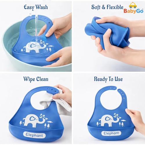 Image of BabyGo Silicone Baby Bib for Feeding & Weaning Infants & Toddlers |Waterproof, Washable & Reusable | Adjustable Neckline, Lightweight & Foldable Bib with Deep Food Catcher Pocket |Blue (Pack of 1)