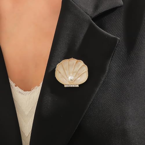 Image of Enamel Shell Pearl CZ Brooch Pin for Women Gold-Toned Chic Clear Crystal Ocean Seashell Texture Conch Sectored Rhinestone Brooches Lapel Pins Dress Accessories Fashion Holiday Beach Party Jewelry
