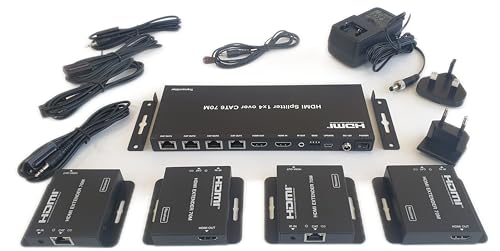 FOURKAY Divisor HDMI 1x4 1080p 70m sobre extensor Cat5e/6/7 con 4 receptores PoC, salida HDMI Loop Out y control infrarrojo de la fuente de TV desde cada pantalla remota