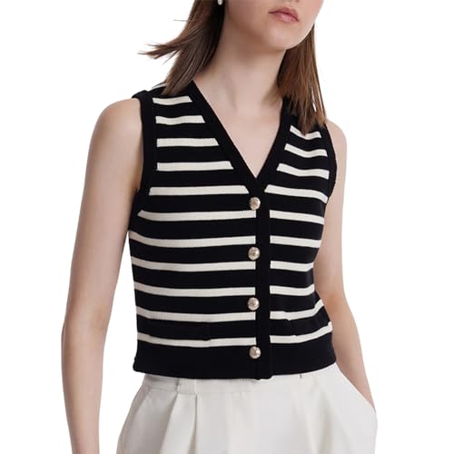 Image of Women's Striped Cropped Knit Vest - Sleeveless V Neck with Gold Buttons, Business Casual Multi-Season Layering Top