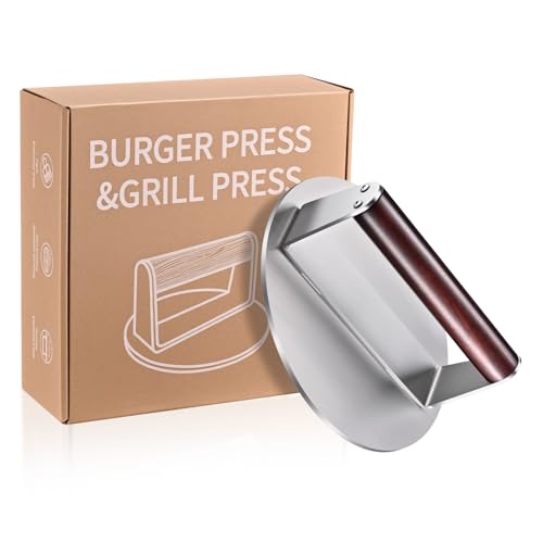 HillSetion Heavy-Duty 6-Inch Smash Burger Press, 1.5 lb Stainless Steel Grill Press with Wood Handle, Non-Stick Burger Smasher for Hamburger, Bacon & BBQ