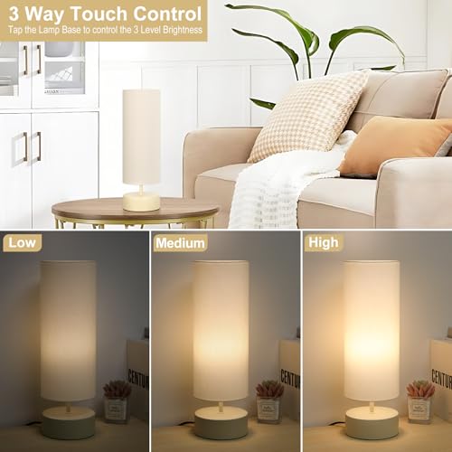 Touch Control Table Lamp, 3 Way Dimmable Bedside Table Lamp with Cream Base, Simple Nightstand Lamp with Beige Shade, Modern Night Light for Bedroom Living Room Home Office, 9W LED Bulb Included - Thumbnail 3