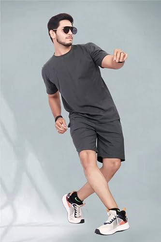 Image of HOODMASTER Men's Cotton Night Suit Set of Top & Knee Length Shorts with Round Neck Half Sleeves Solid Pattern Regular Fit and Standard Length | Mens Cotton Night Suit | T-Shirt and Shorts Sets
