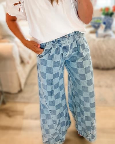Women's Plaid High Waisted Baggy Wide Leg Jeans Stretch Casual Denim Pants with Pockets4