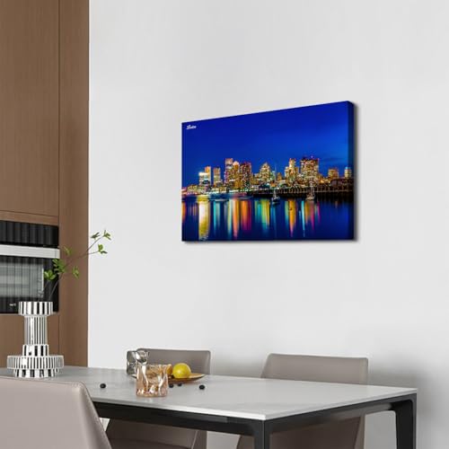Image of City Canvas Wall Art for Living Room USA Boston Photography Wall Pictures Bedroom Decor Neon Night Cityscape Paintings Prints Modern Urban Skyscraper Artwork Kitchen Office Bedroom Decorations 16x24 inch