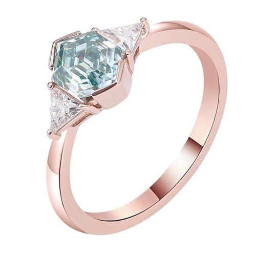Dsnyu 18K Gold Wedding Band for Women, Eternity Ring Rose Gold with Triangle and Green Hexagon Moissanite 3ct Band Fashion Trendy Size 4.5