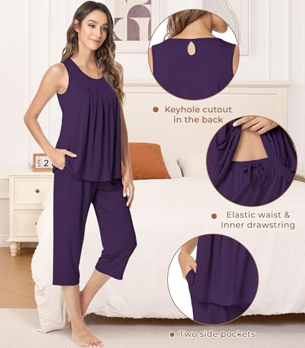 Image of NACHILA Pajamas for Women-Viscose Made from Bamboo, Sleeveless Pjs Tank Top Capri Pants Pajama Sets Cooling Sleepwear