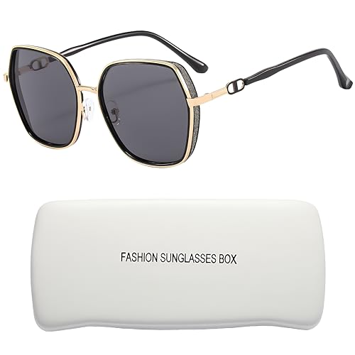 YAVO EU Gafas de Sol Mujer Polarizadas Vintage Protección UV400 Gafas de Sol de Gran Tamaño moda Sombras de Damas de Gran Tamaño para Conducir Viajes (Black gold frame/black gray lens)