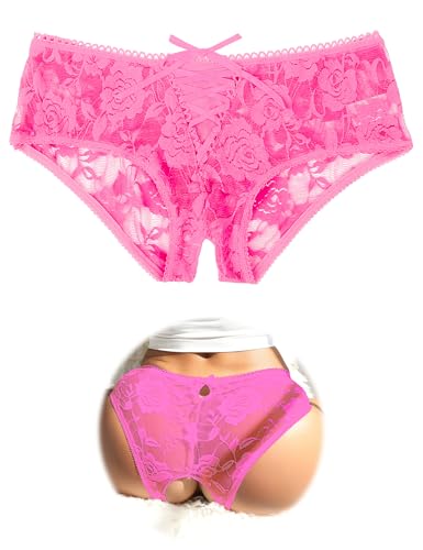 ohmydear Womens Lace Boyshorts Crotchless Sexy Panties Crisscross Strappy Underwear Plus Size Hipster Briefs Pink XL-2XL