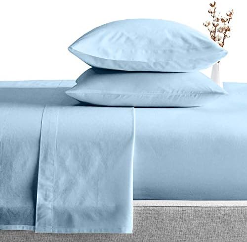 Queen Size 6-Piece Sheet Set - Percale 400-Thread-Count Peruvian Pima Cotton Bed Sheets fits up to 18-21 inch Deep Pocket (Solid, Light Blue)