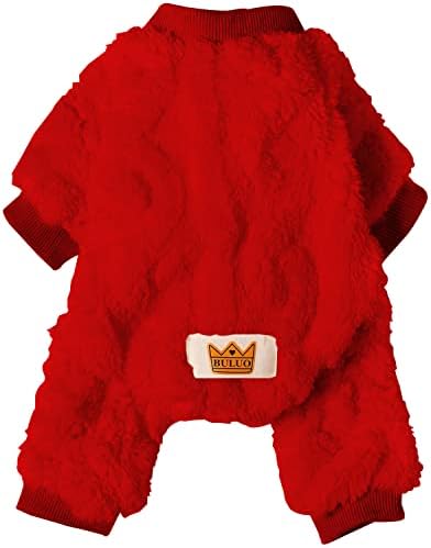 Loyanyy Plush Dog Pajamas for Cold Weather 4 Legged Clothes for Dog Cat Stretchy Puppy Kitten Onesie with Buttons Warm Soft Pet Jumpsuit Winter Coat Red Small