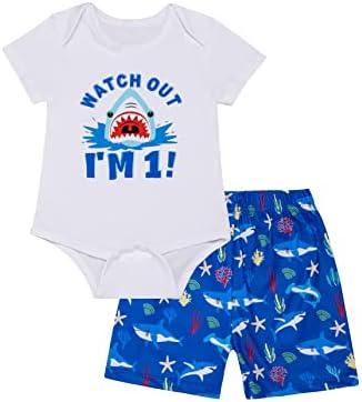 MOMMY'S NEW MAN Toddler Baby Boy 1st Birthday Shark Short Sleeve One Years Old Outfit + Short Cake Smash Bodysuit Set (shark 1, 12-18 Months)