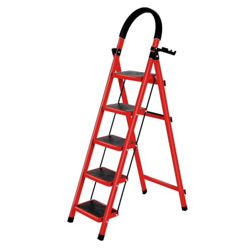 Belfoyer Escabeau Pliable en Acier, Marchepied Antidérapant 5 Marches, Escabeau Stable et Compact pour Maison, Cuisine et Bureau(Rot)