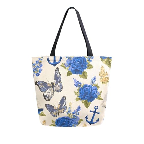 Extra Large Shoulder Tote Bag for Beach Travel Weekender Gym Ancho R Flowers Pattern Blue Beige Reusable Grocery Canvas Shopping Bag2