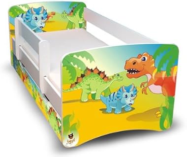 Best For Kids Chilldren's Bed 80x160 with Guardrail Protection + Drawer 44 Designs (Dinosaurs)